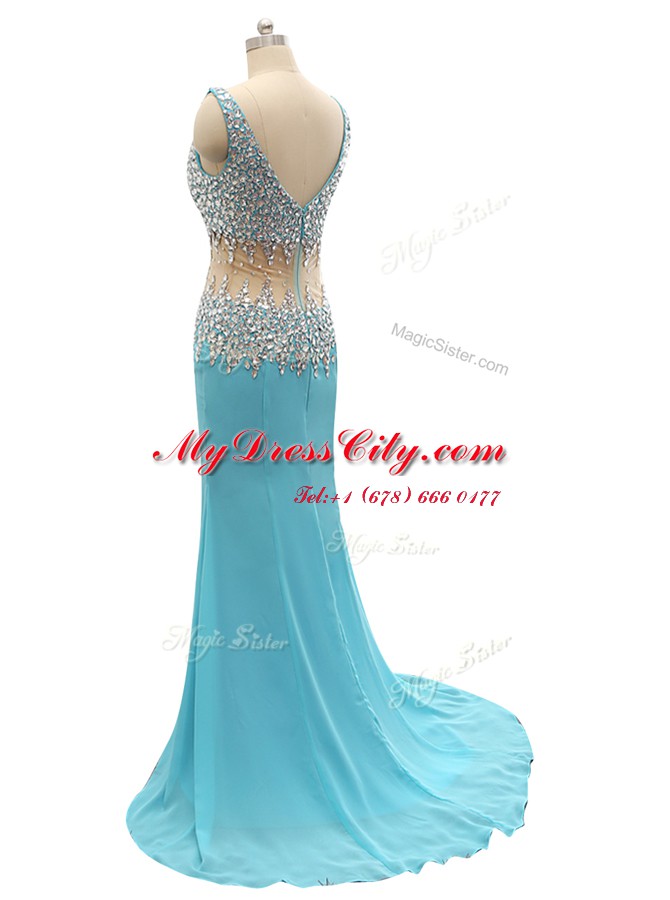 Mermaid V-neck Sleeveless Brush Train Zipper Evening Dress Aqua Blue Chiffon