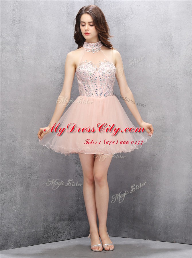 Exquisite Sequins Baby Pink Sleeveless Tulle Zipper Prom Evening Gown for Prom and Party