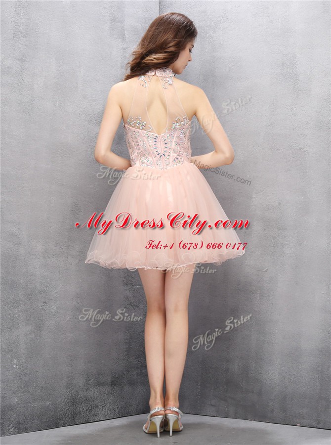 Exquisite Sequins Baby Pink Sleeveless Tulle Zipper Prom Evening Gown for Prom and Party