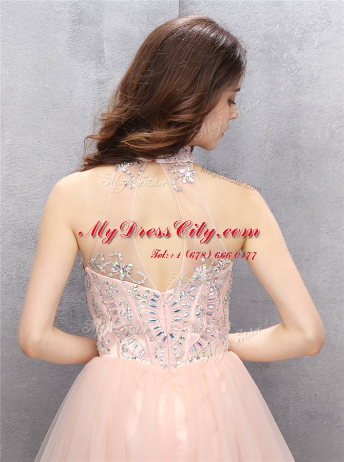 Exquisite Sequins Baby Pink Sleeveless Tulle Zipper Prom Evening Gown for Prom and Party