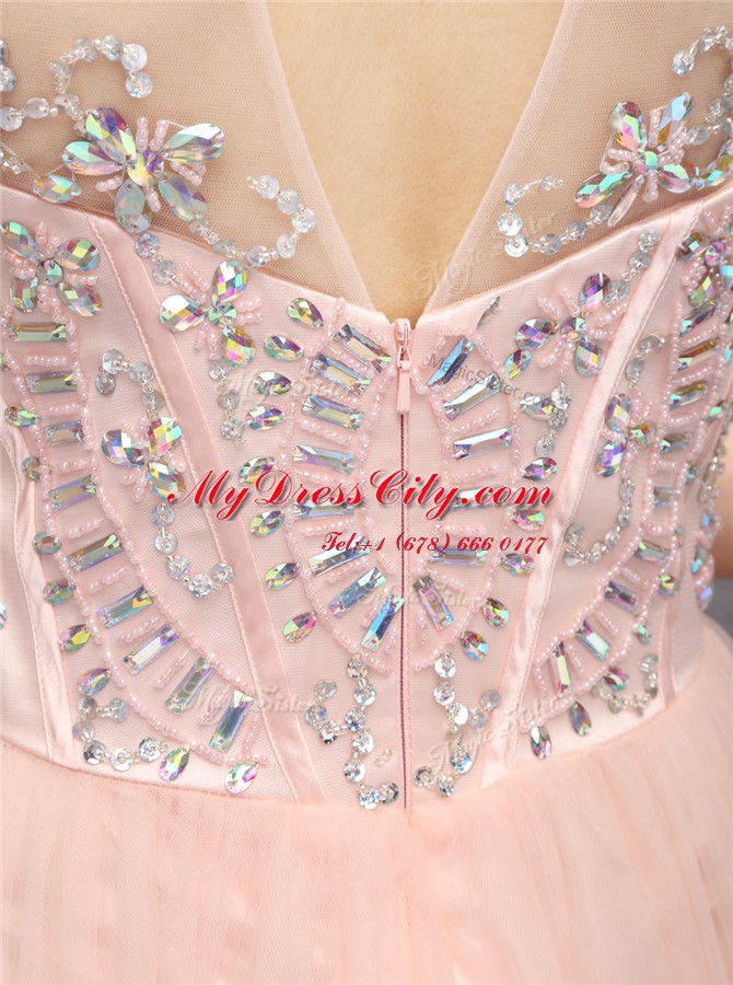 Exquisite Sequins Baby Pink Sleeveless Tulle Zipper Prom Evening Gown for Prom and Party