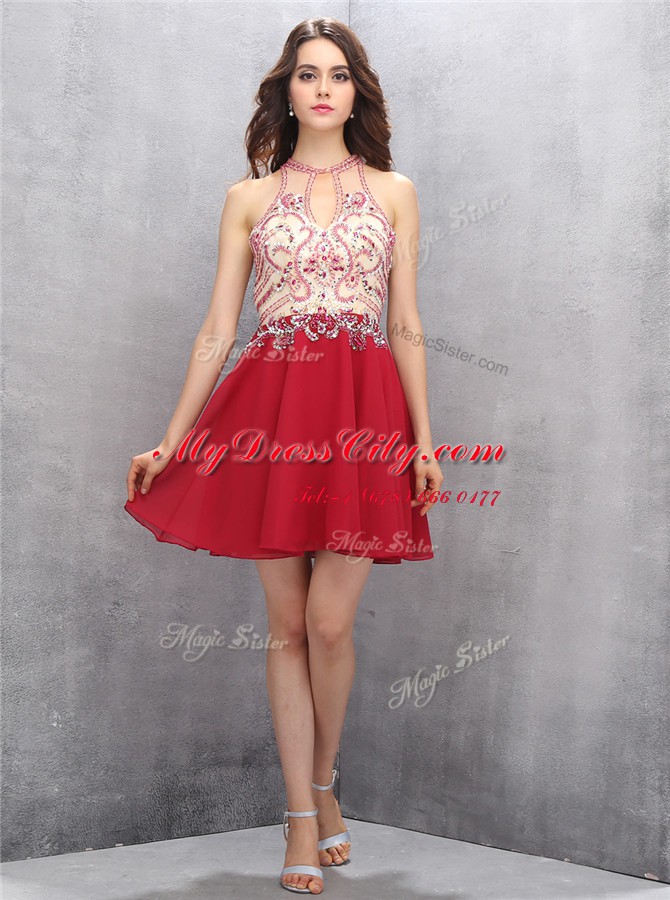 Red Zipper Scoop Beading Prom Evening Gown Chiffon Sleeveless