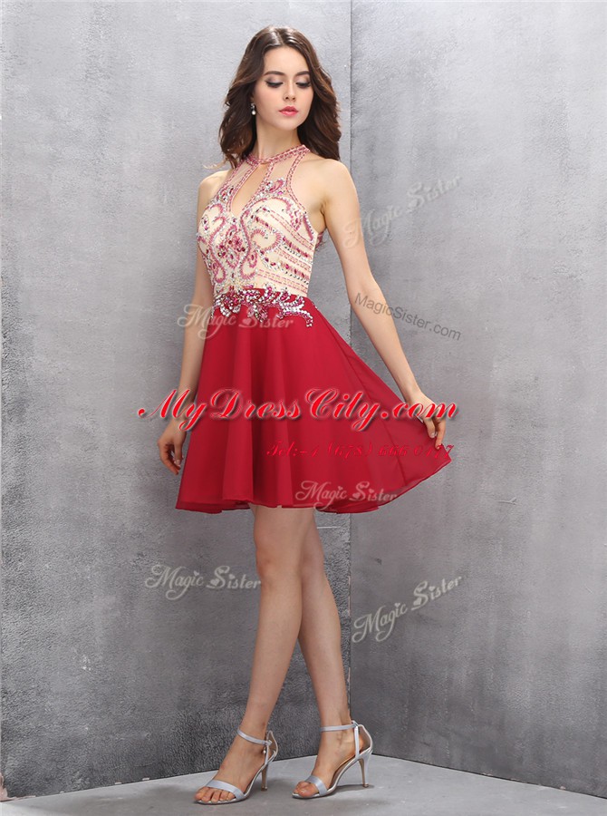 Red Zipper Scoop Beading Prom Evening Gown Chiffon Sleeveless