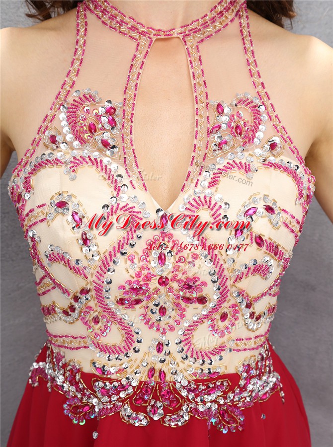 Red Zipper Scoop Beading Prom Evening Gown Chiffon Sleeveless