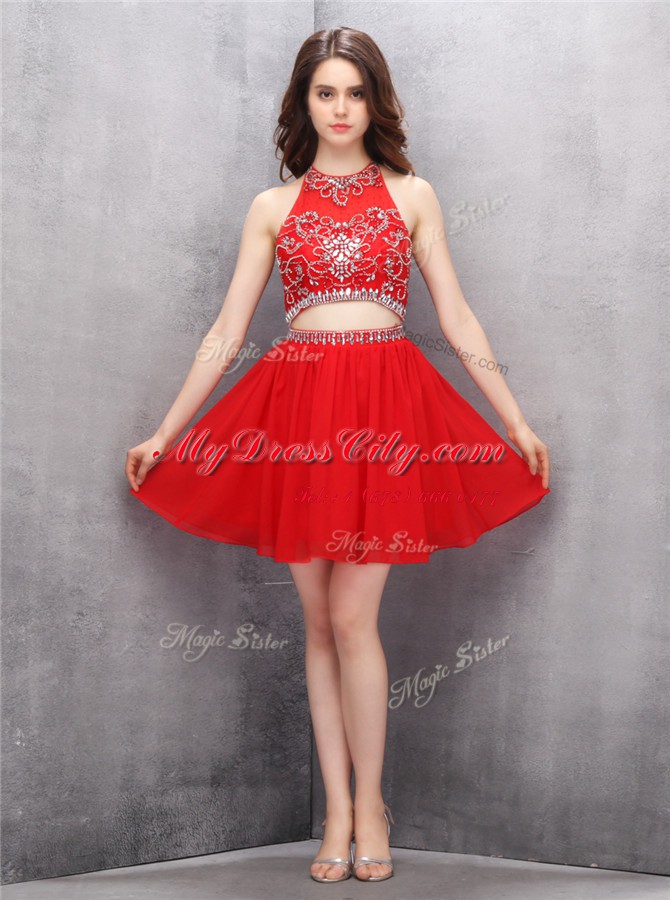 Modest Scoop Red Sleeveless Beading Mini Length Prom Gown