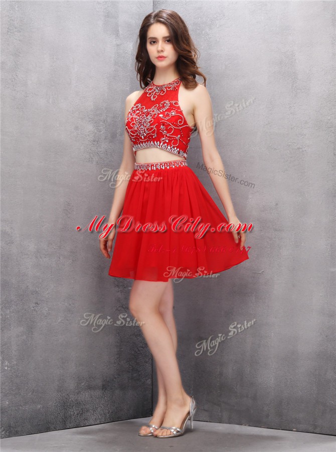 Modest Scoop Red Sleeveless Beading Mini Length Prom Gown