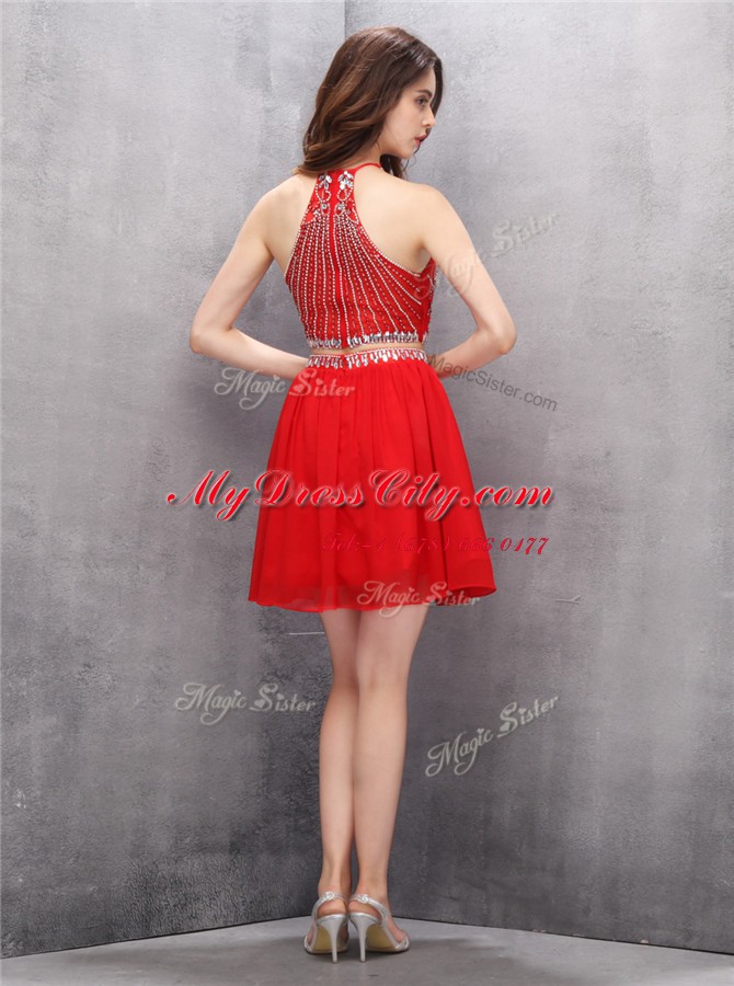 Modest Scoop Red Sleeveless Beading Mini Length Prom Gown