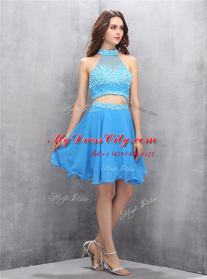 Classical Baby Blue Chiffon Zipper High-neck Sleeveless Knee Length Beading