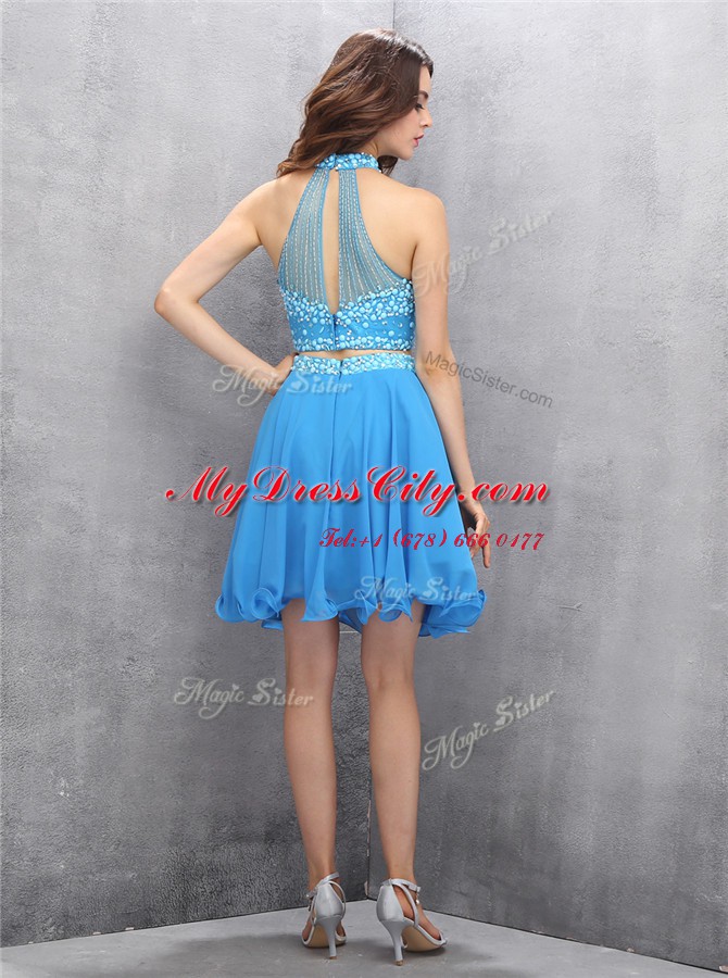 Classical Baby Blue Chiffon Zipper High-neck Sleeveless Knee Length Beading