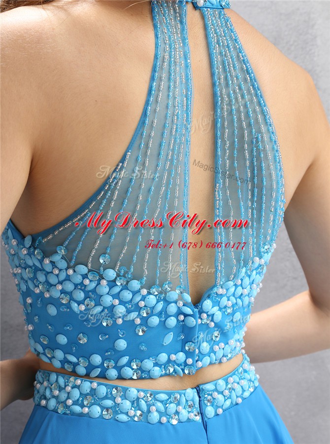 Classical Baby Blue Chiffon Zipper High-neck Sleeveless Knee Length Beading