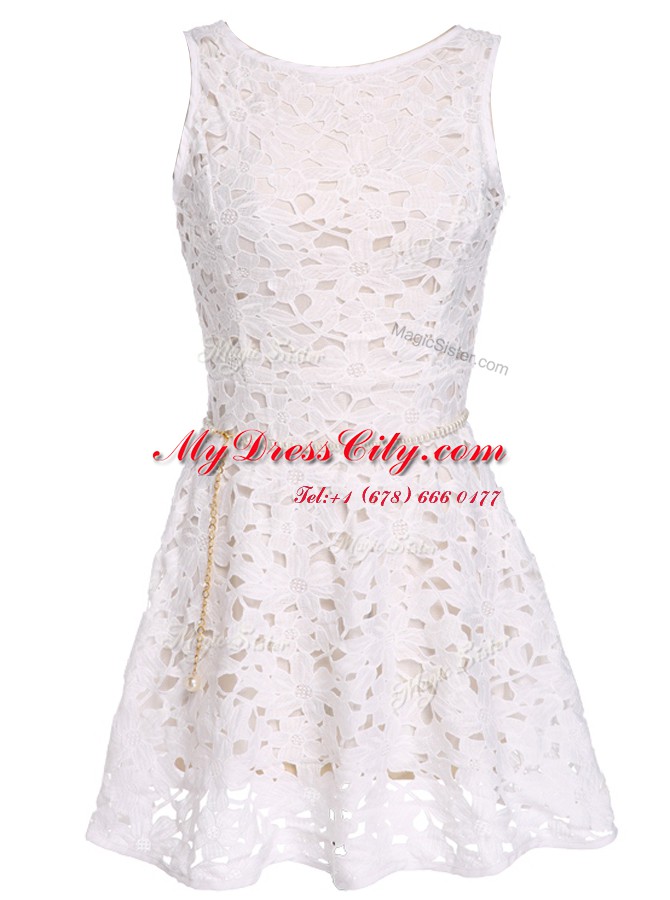 A-line Evening Dress White Scoop Lace Sleeveless Mini Length Zipper