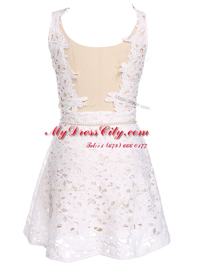 A-line Evening Dress White Scoop Lace Sleeveless Mini Length Zipper