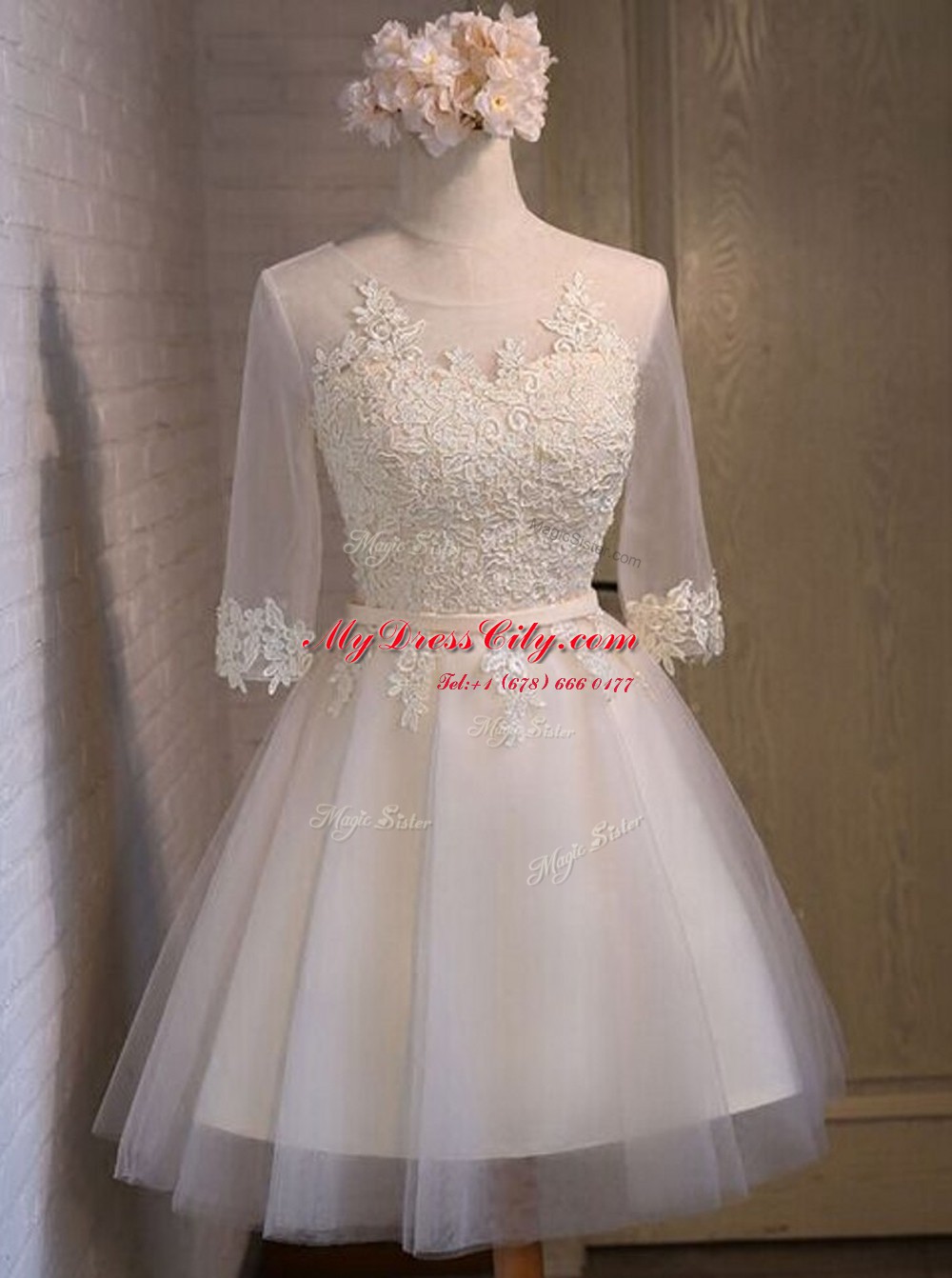 Mini Length White Prom Dresses Scoop Half Sleeves Lace Up