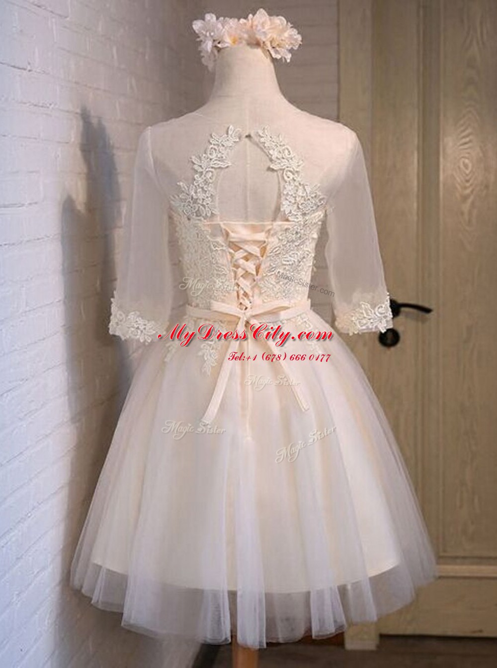 Mini Length White Prom Dresses Scoop Half Sleeves Lace Up