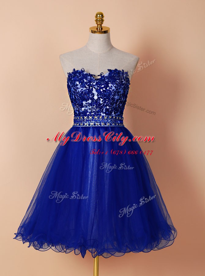 Sleeveless Tulle Knee Length Zipper Party Dresses in Royal Blue with Beading and Appliques