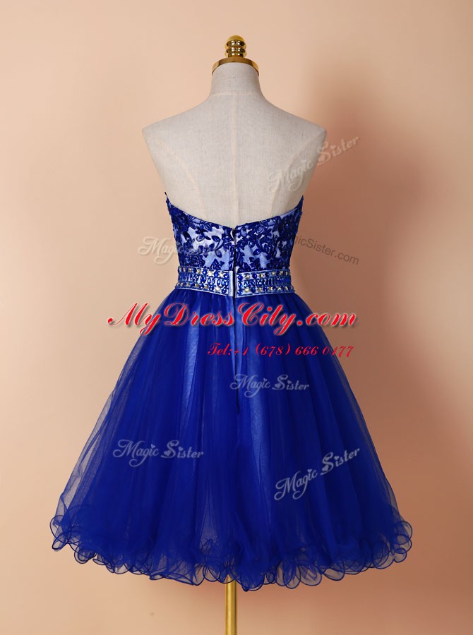 Sleeveless Tulle Knee Length Zipper Party Dresses in Royal Blue with Beading and Appliques