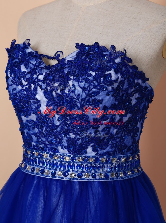 Sleeveless Tulle Knee Length Zipper Party Dresses in Royal Blue with Beading and Appliques