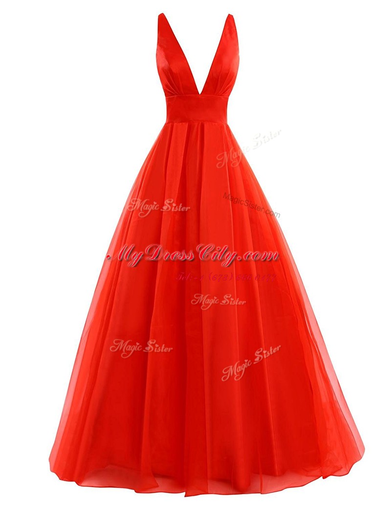 Stylish V-neck Sleeveless Brush Train Pleated Coral Red Organza