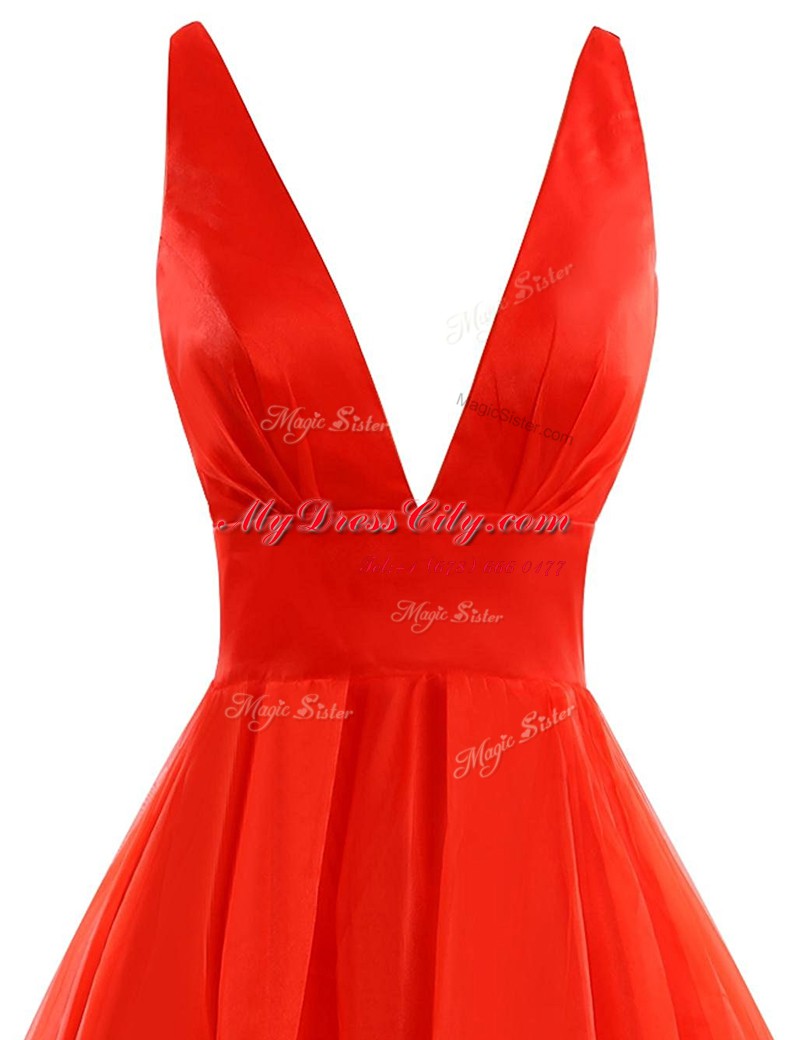 Stylish V-neck Sleeveless Brush Train Pleated Coral Red Organza