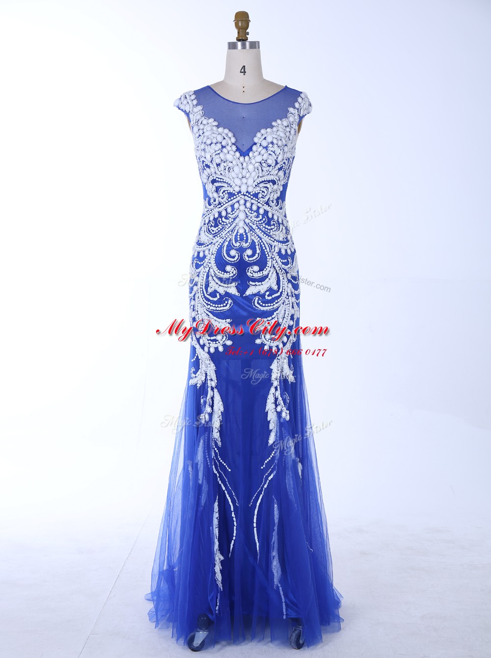 Mermaid Royal Blue Scoop Backless Beading and Appliques Evening Dress Sleeveless