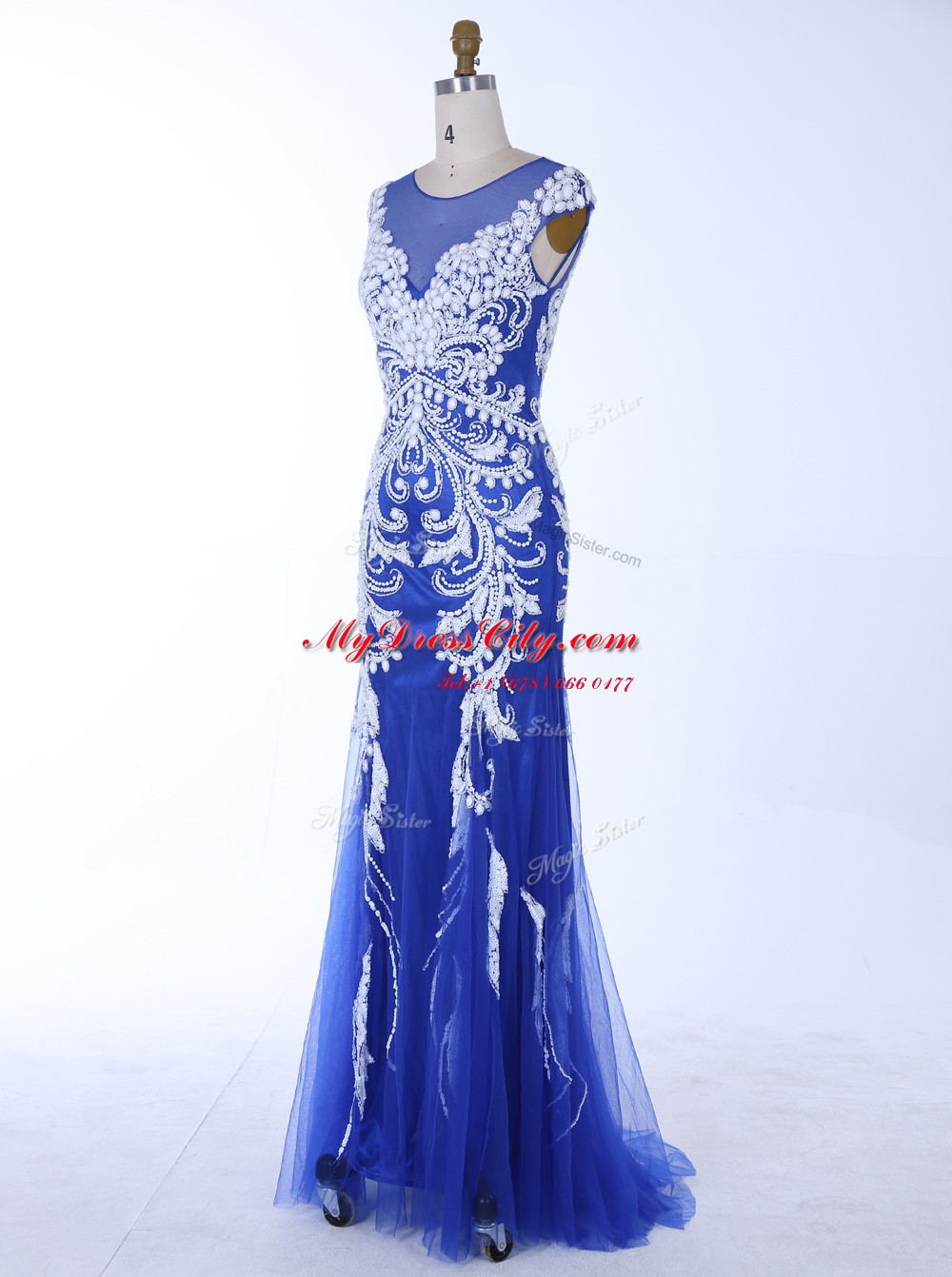 Mermaid Royal Blue Scoop Backless Beading and Appliques Evening Dress Sleeveless