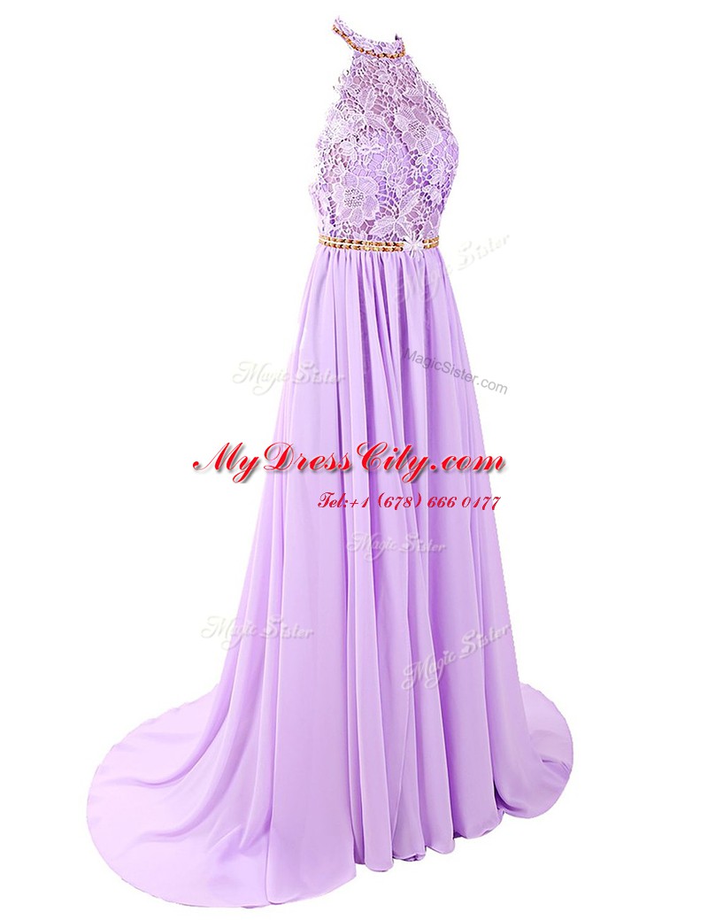 Lavender Backless Homecoming Dress Lace Sleeveless With Brush Train