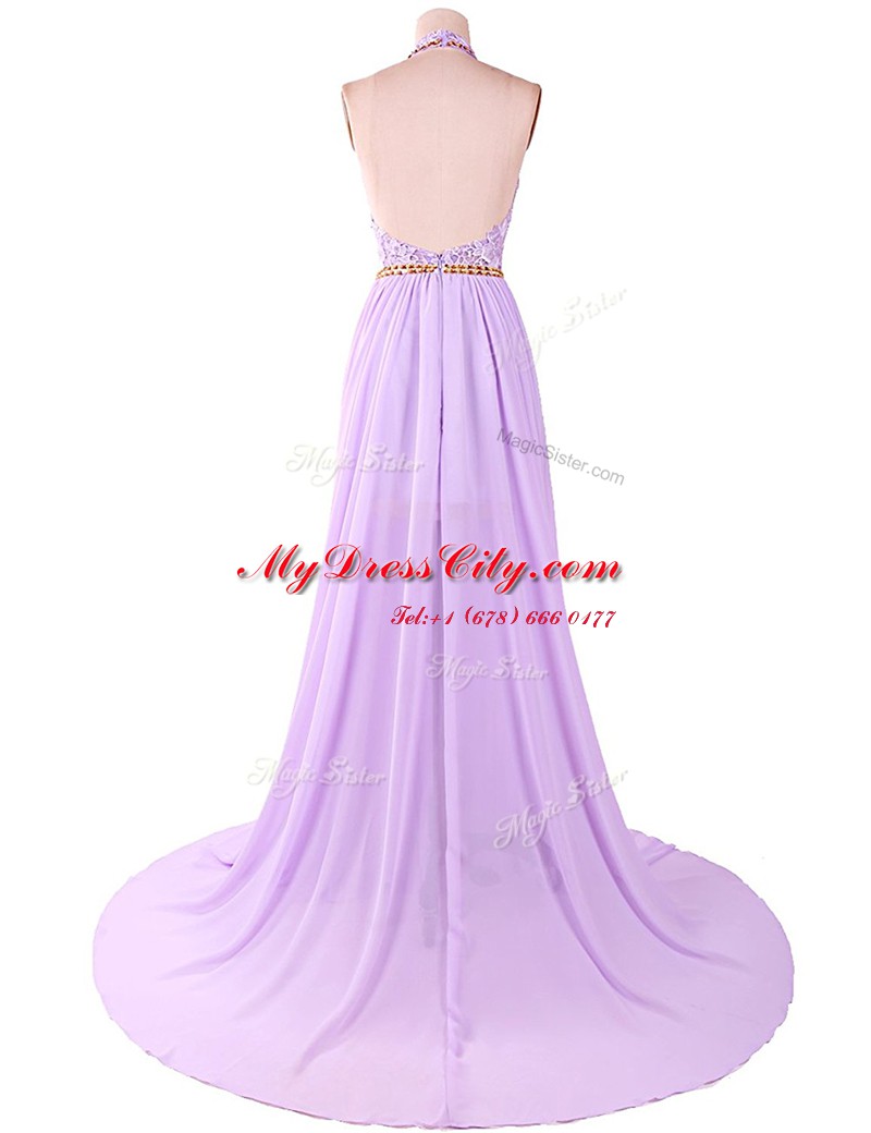 Lavender Backless Homecoming Dress Lace Sleeveless With Brush Train