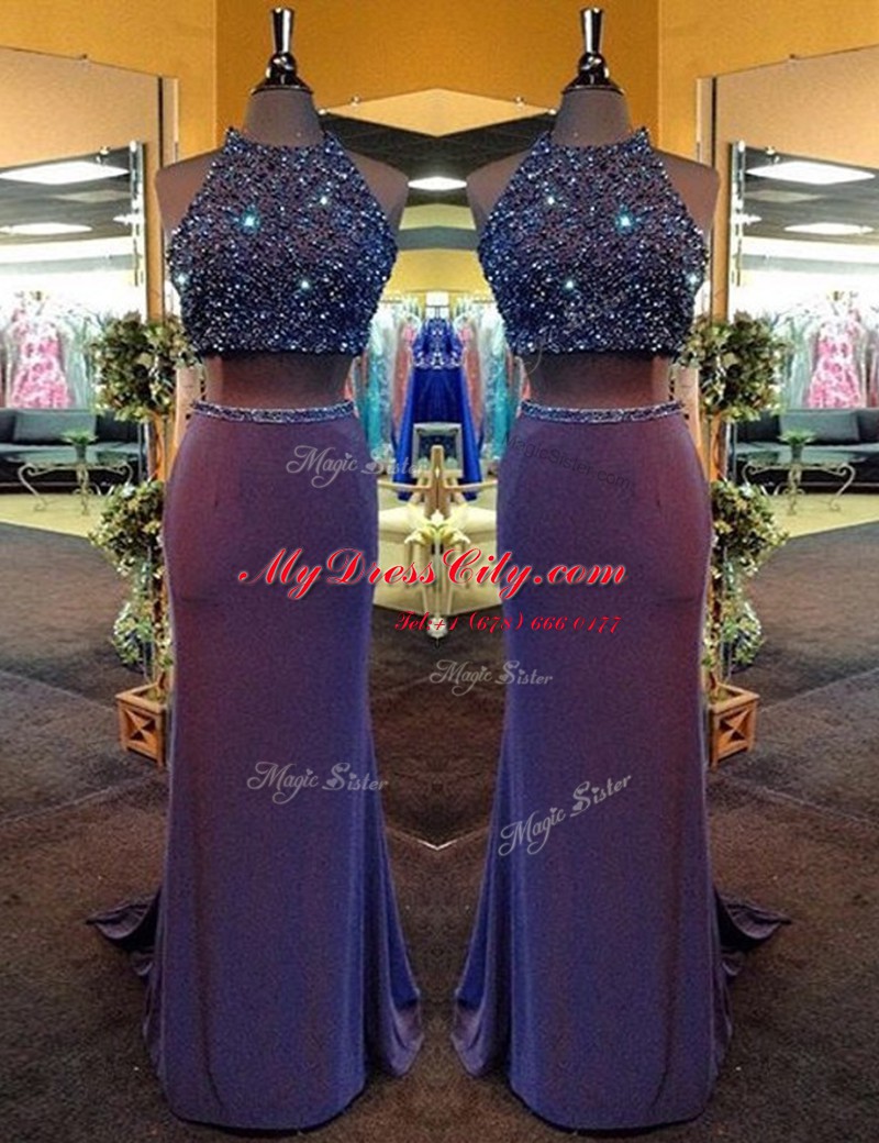 Beading Dress for Prom Purple Criss Cross Sleeveless Floor Length