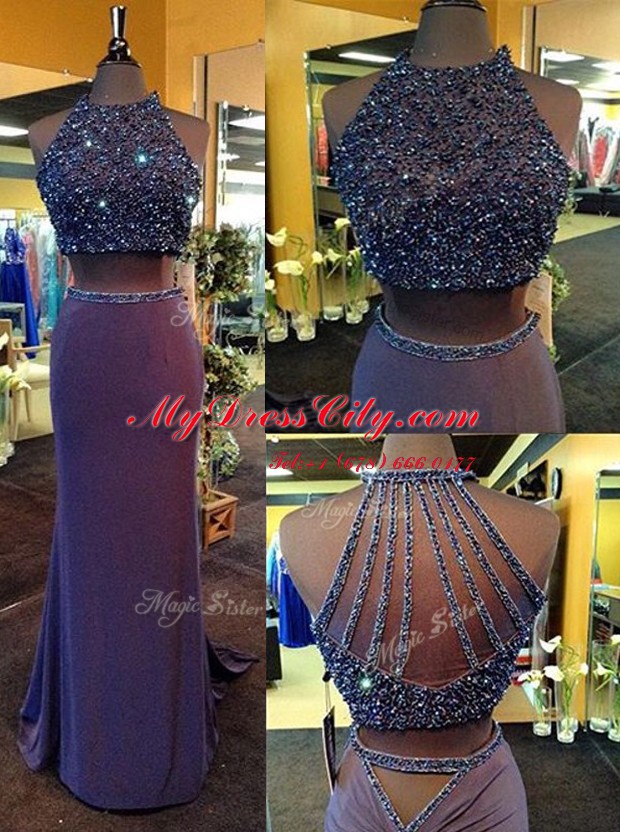 Beading Dress for Prom Purple Criss Cross Sleeveless Floor Length