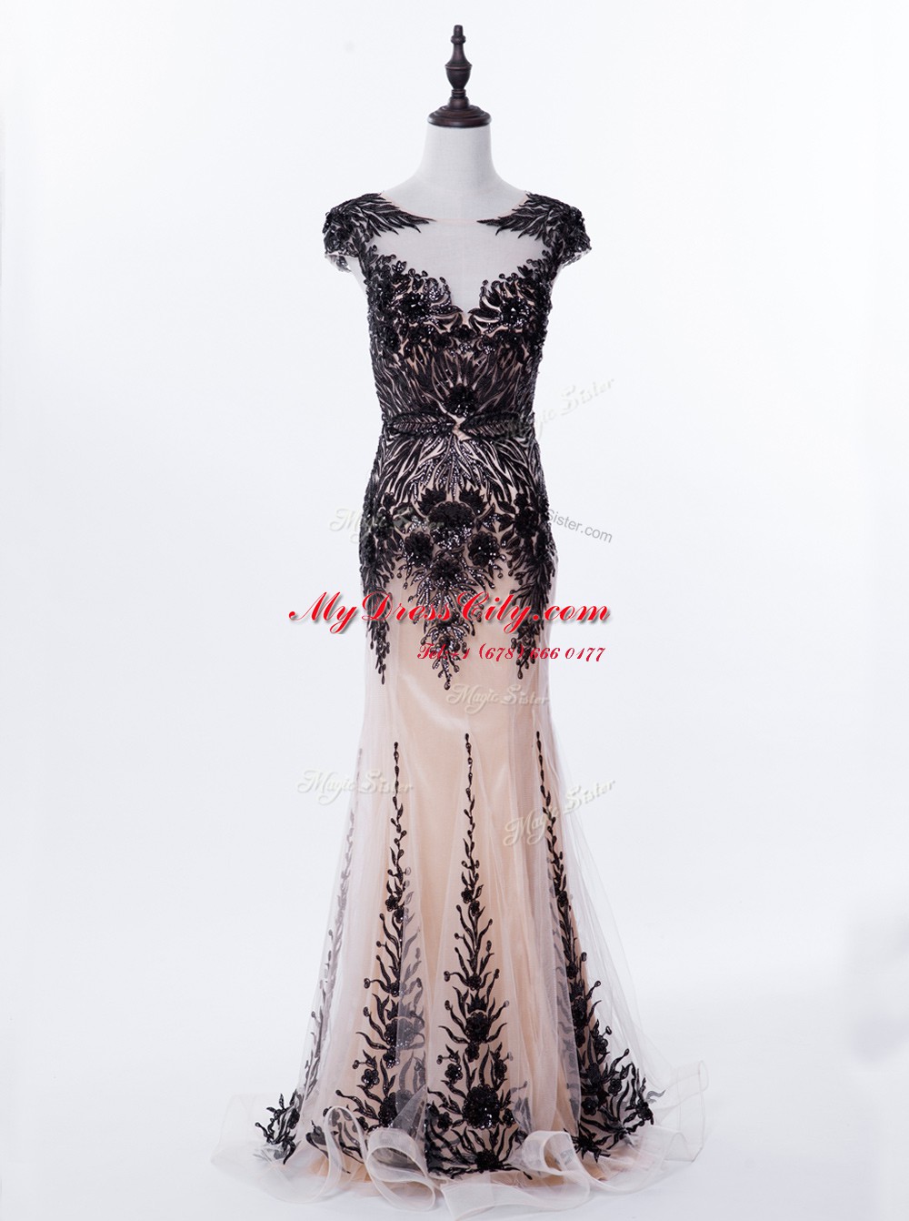 Mermaid Black Tulle Backless Scoop Cap Sleeves Prom Dresses Brush Train Appliques