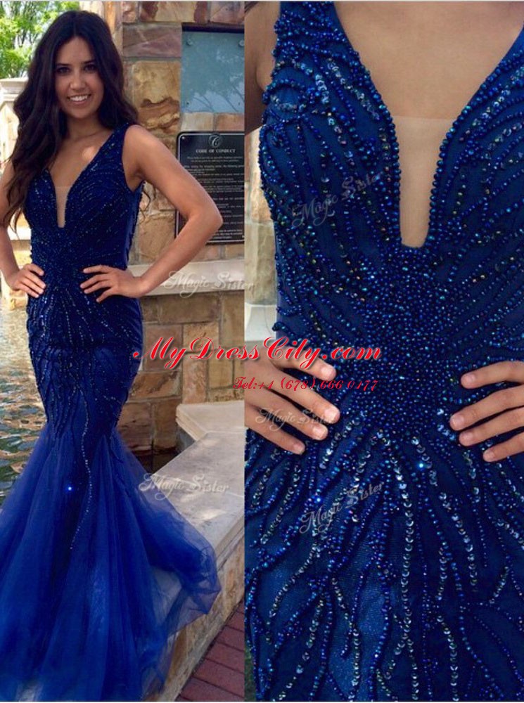 Mermaid Sleeveless Floor Length Sequins Zipper Evening Dress with Royal Blue