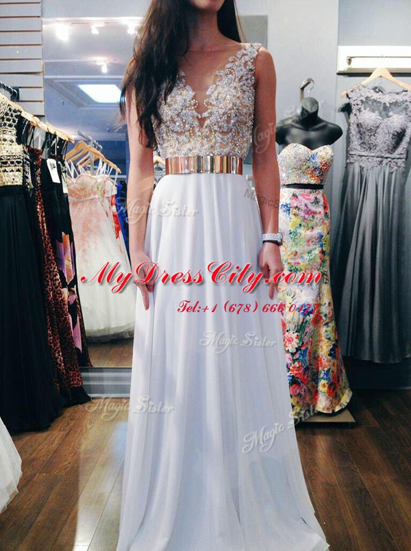 Hot Selling White Chiffon Backless Prom Dress Sleeveless Floor Length Beading