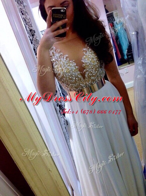 Hot Selling White Chiffon Backless Prom Dress Sleeveless Floor Length Beading