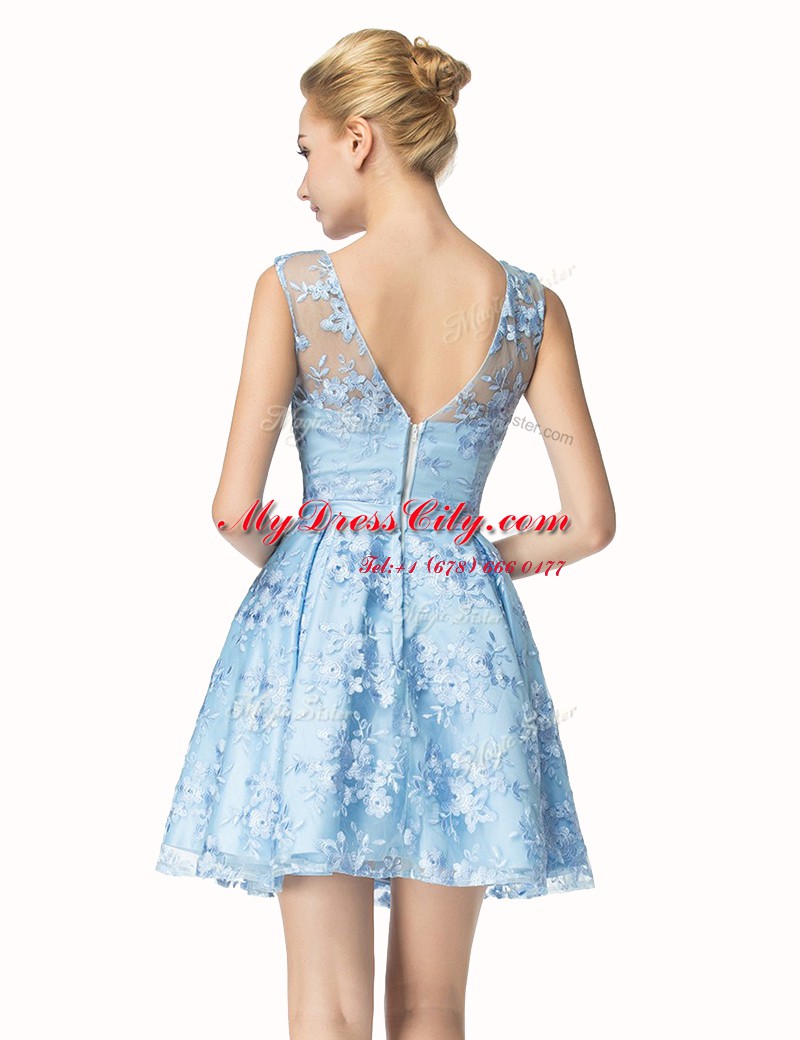 Comfortable Lace Blue Scoop Zipper Bowknot Cocktail Dresses Sleeveless