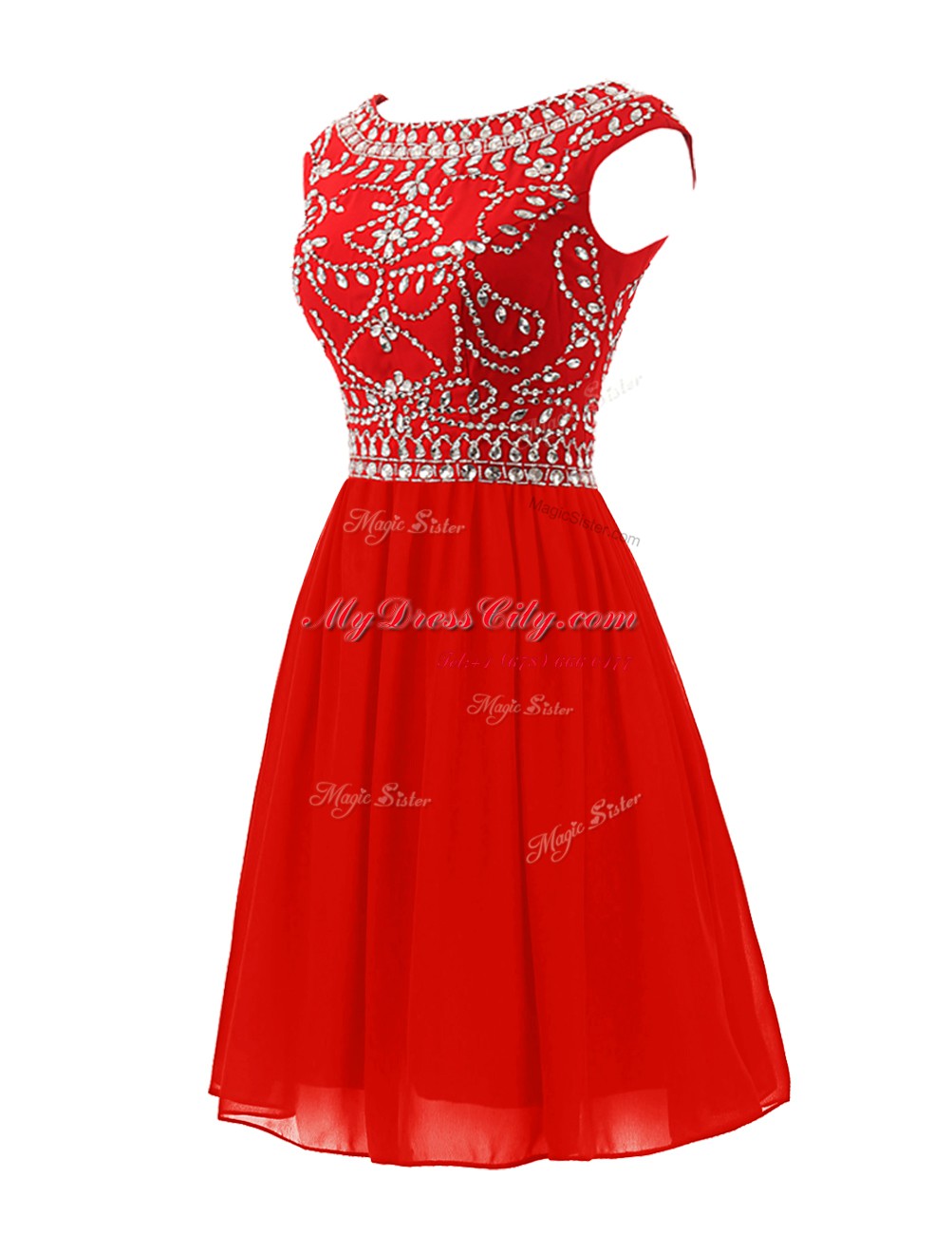 Red Scoop Neckline Beading Sleeveless Zipper