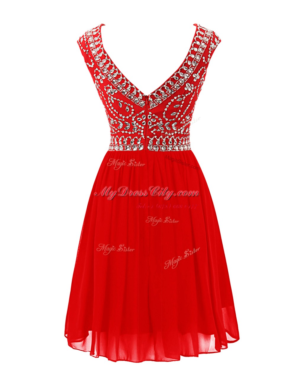 Red Scoop Neckline Beading Sleeveless Zipper