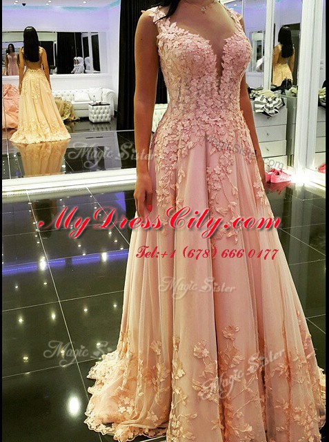 Perfect V-neck Sleeveless Tulle Prom Gown Appliques Backless