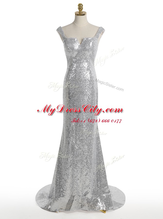 Wonderful Mermaid Square Silver Zipper Evening Outfits Sequins Sleeveless With Train Sweep Train