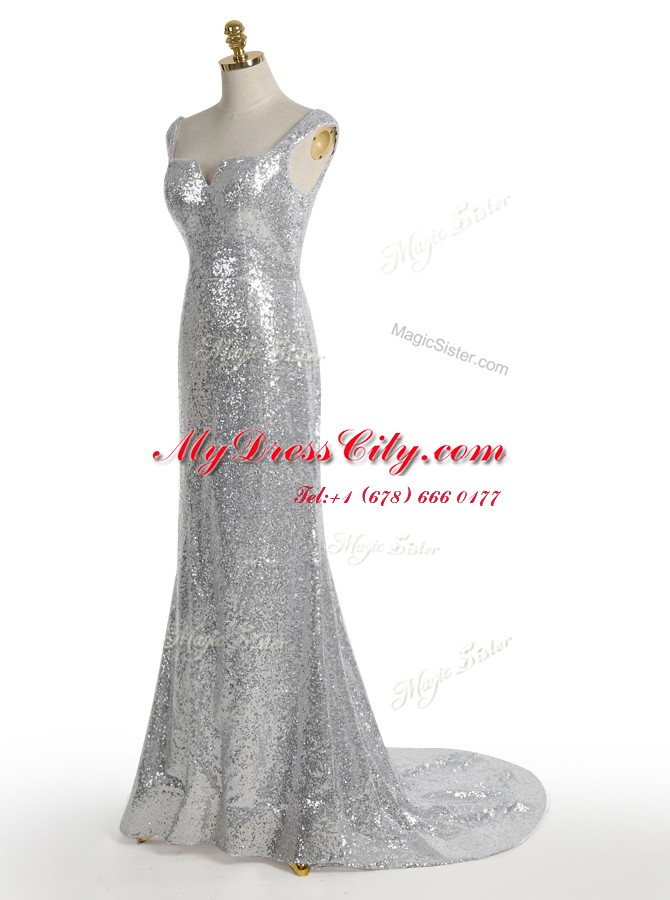 Wonderful Mermaid Square Silver Zipper Evening Outfits Sequins Sleeveless With Train Sweep Train