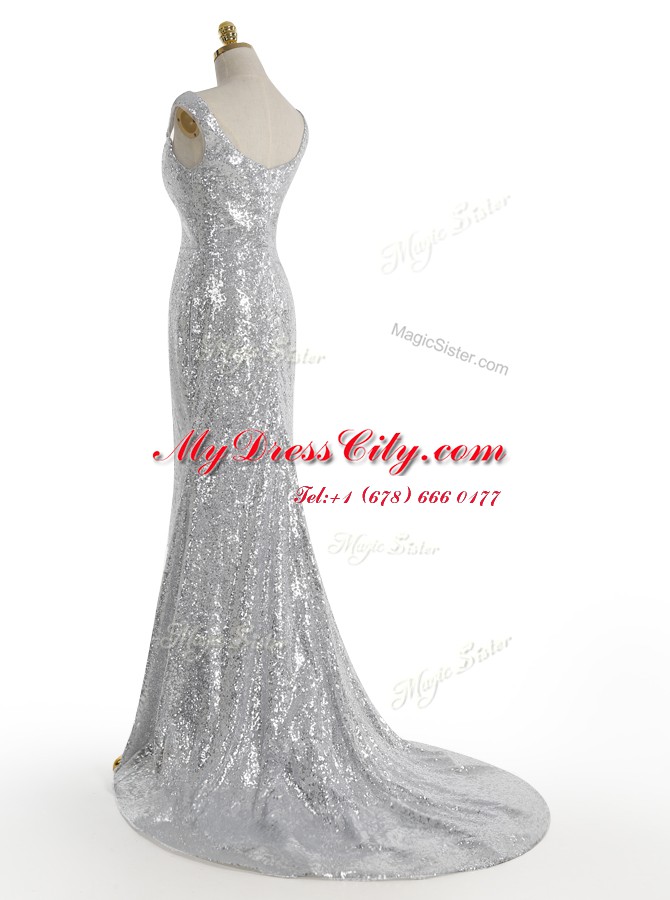 Wonderful Mermaid Square Silver Zipper Evening Outfits Sequins Sleeveless With Train Sweep Train