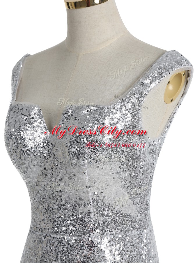 Wonderful Mermaid Square Silver Zipper Evening Outfits Sequins Sleeveless With Train Sweep Train