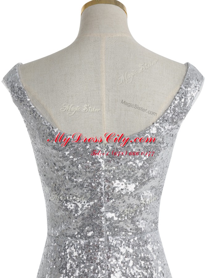 Wonderful Mermaid Square Silver Zipper Evening Outfits Sequins Sleeveless With Train Sweep Train