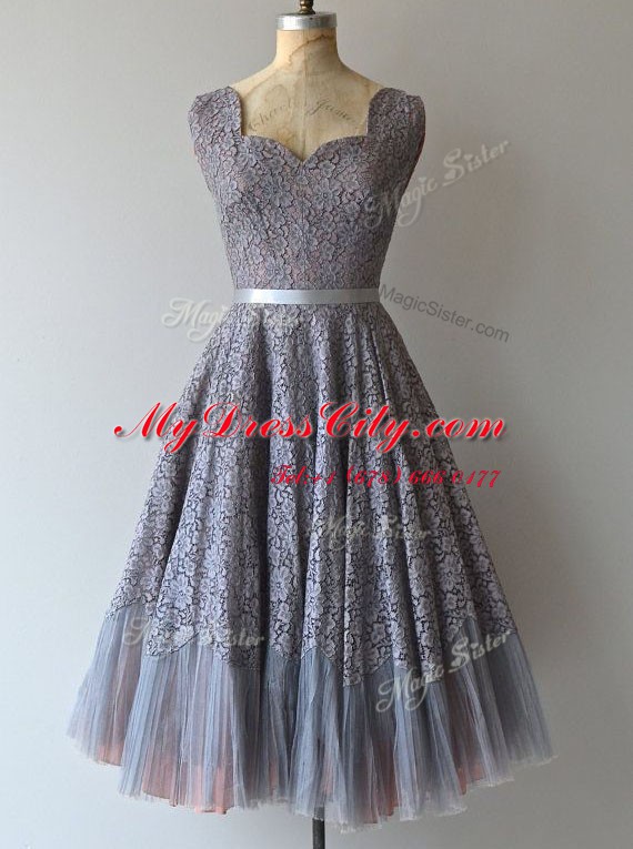 Lace Knee Length Grey Evening Dress Square Sleeveless Zipper