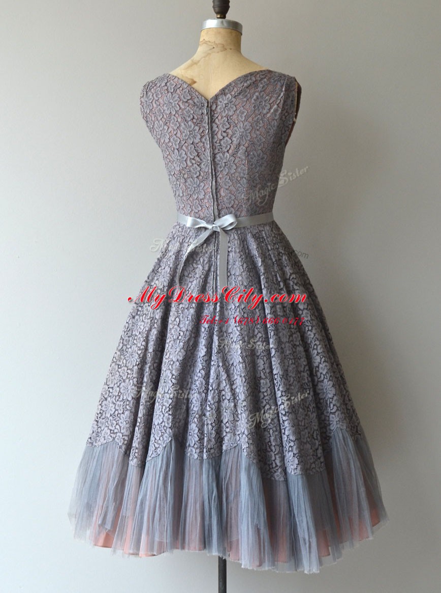 Lace Knee Length Grey Evening Dress Square Sleeveless Zipper