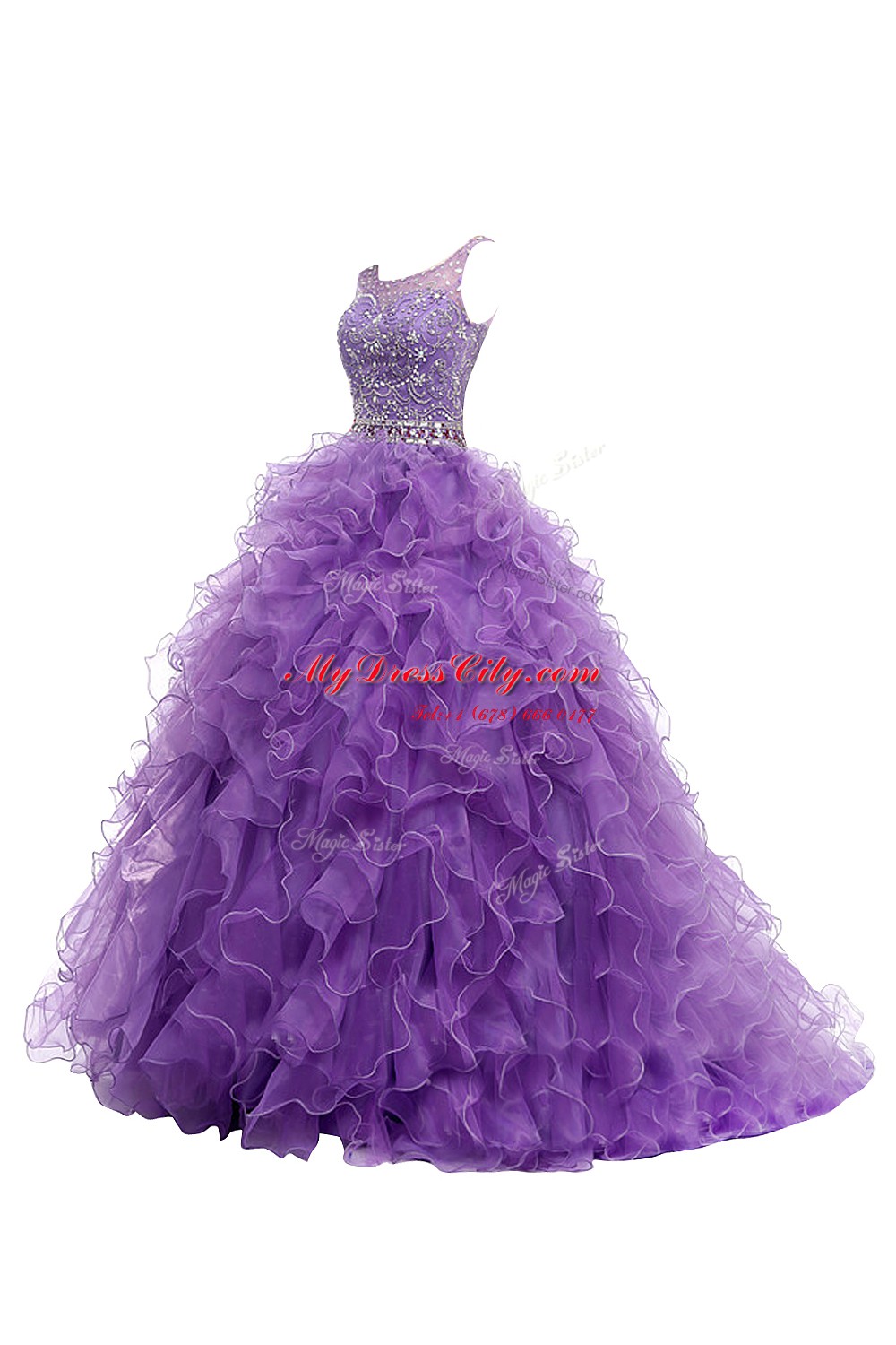 Dramatic Purple A-line Organza Straps Sleeveless Beading and Belt With Train Zipper Prom Gown Sweep Train