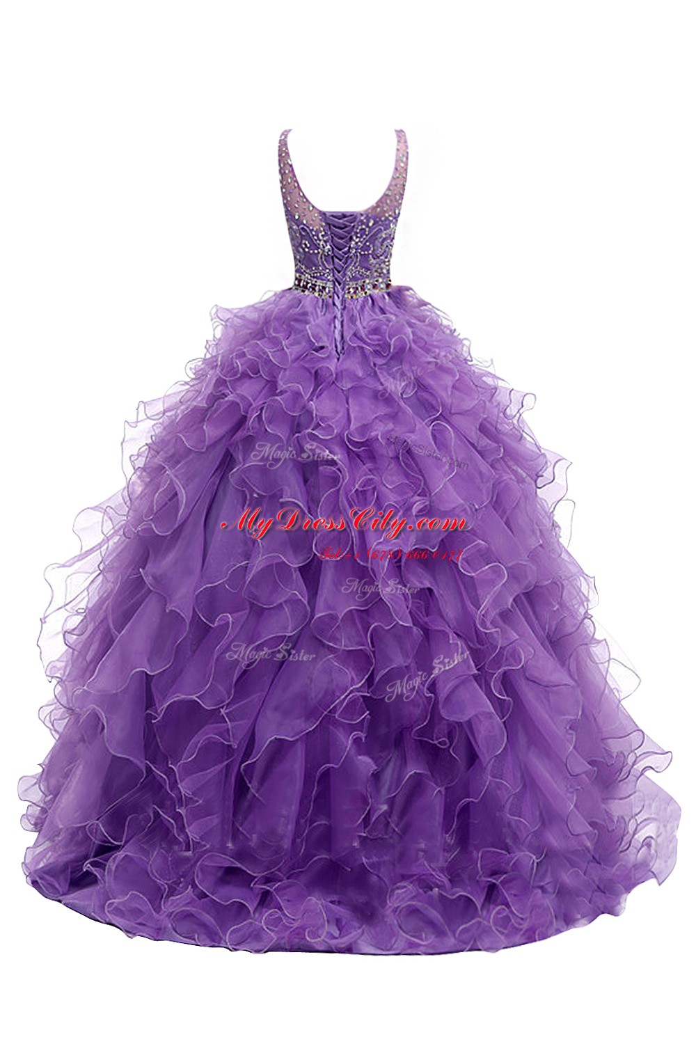 Dramatic Purple A-line Organza Straps Sleeveless Beading and Belt With Train Zipper Prom Gown Sweep Train