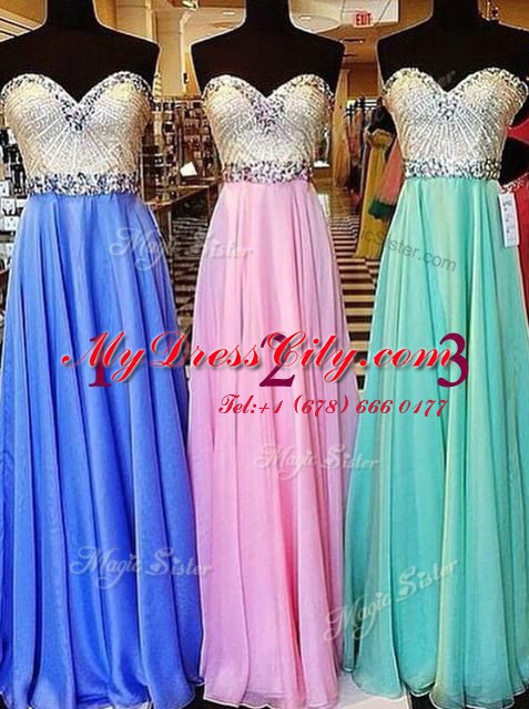 Blue Chiffon Zipper Sweetheart Sleeveless Floor Length Beading