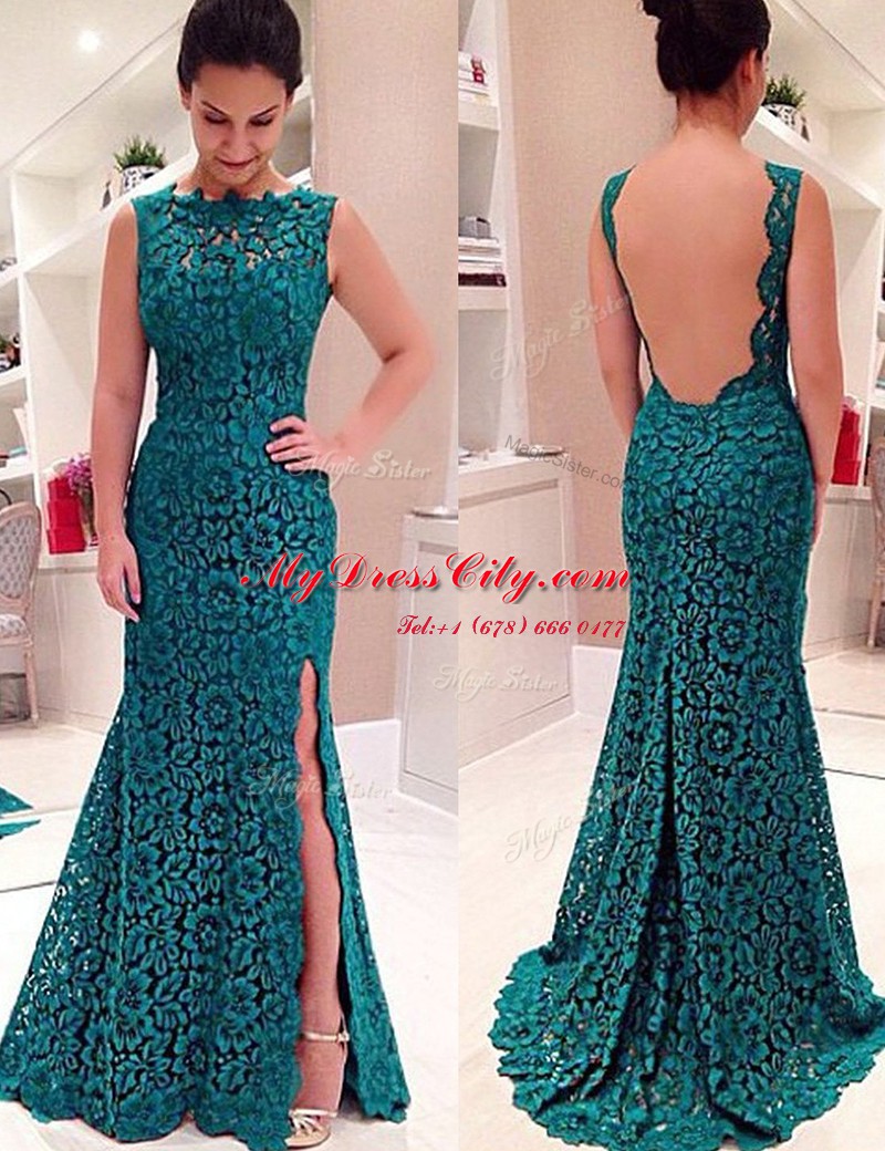 Teal Mermaid Scalloped Sleeveless Lace Floor Length Backless Lace Prom Gown