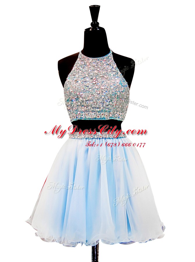 Halter Top Light Blue A-line Beading Evening Dress Zipper Tulle Sleeveless Mini Length