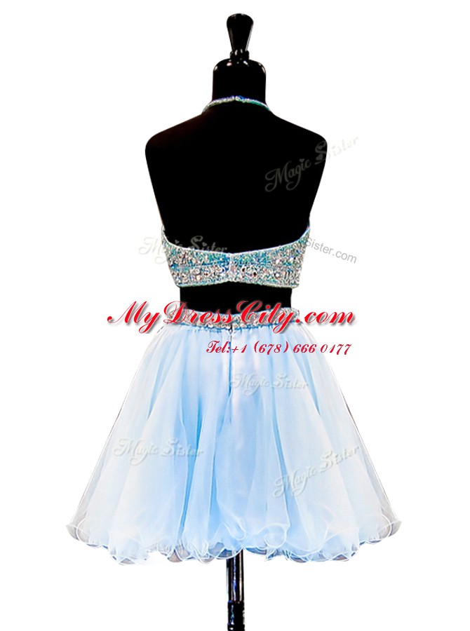 Halter Top Light Blue A-line Beading Evening Dress Zipper Tulle Sleeveless Mini Length